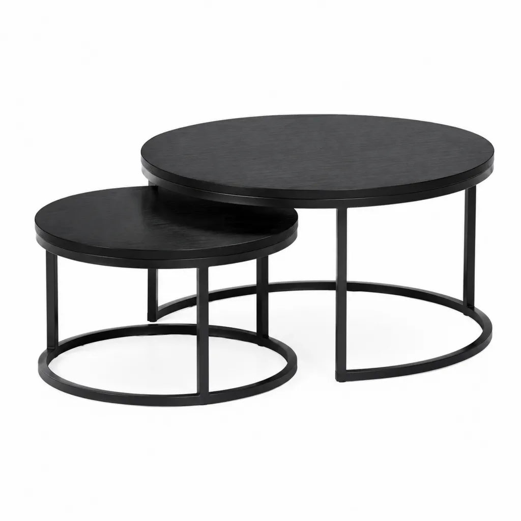 Couchtisch Set 2 rund Durchmesser 80 cm Hohe 45 cm und Durchmesser 60 cm Hohe 35 cm MDF Stahl schwarz