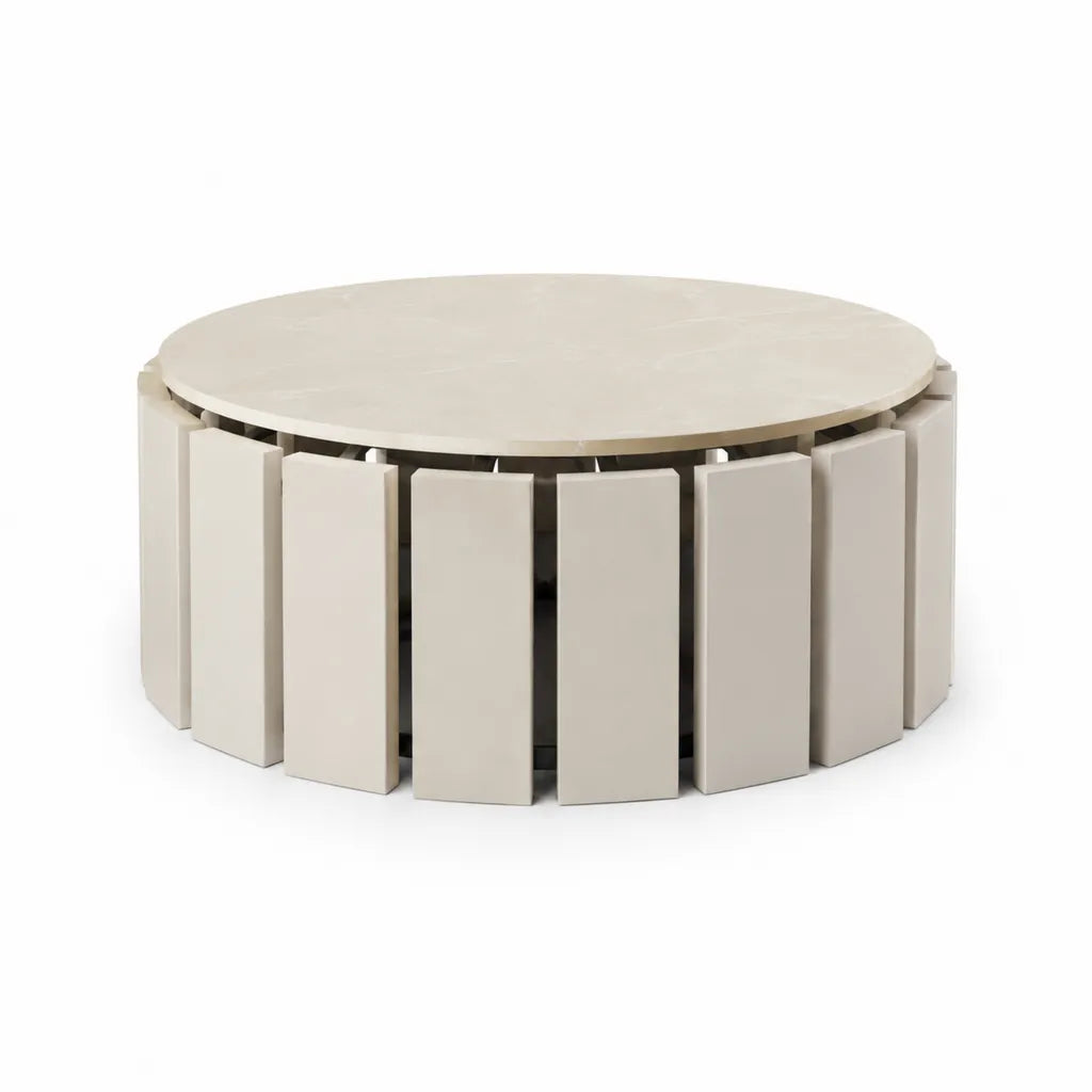 Runder Couchtisch  90 cm Hohe 42 cm mit Sintersteinplatte MDF-Lamellen in Cremeweiss