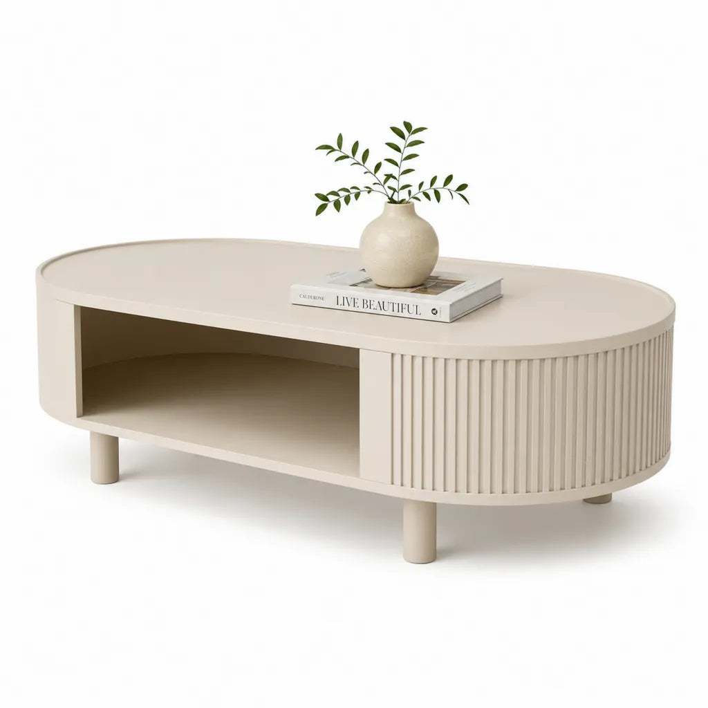 Ovaler Couchtisch 120 x 60 x 40 cm aus MDF mit Schiebetur in Creme