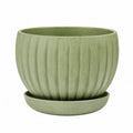 Pflanztopf mit Untersetzer aus Keramik rund gerippt grun  18 cm x 16 cm