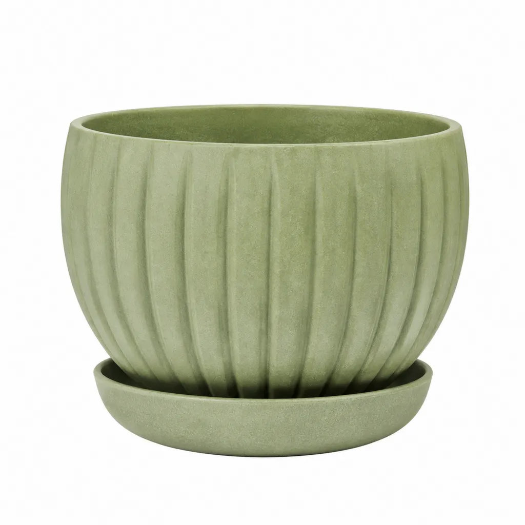 Pflanztopf mit Untersetzer aus Keramik rund gerippt grun  18 cm x 16 cm