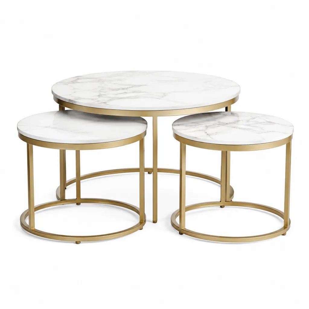 Couchtisch Set 3-teilig rund 80 x 45 cm und 50 x 38 cm MDF Marmoroptik Stahl Gold Weiss