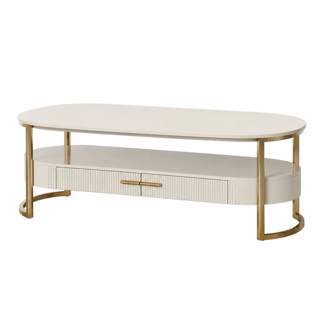 Couchtisch mit 2 Schubladen 120 x 60 x 45 cm MDF oval Weiss Gold