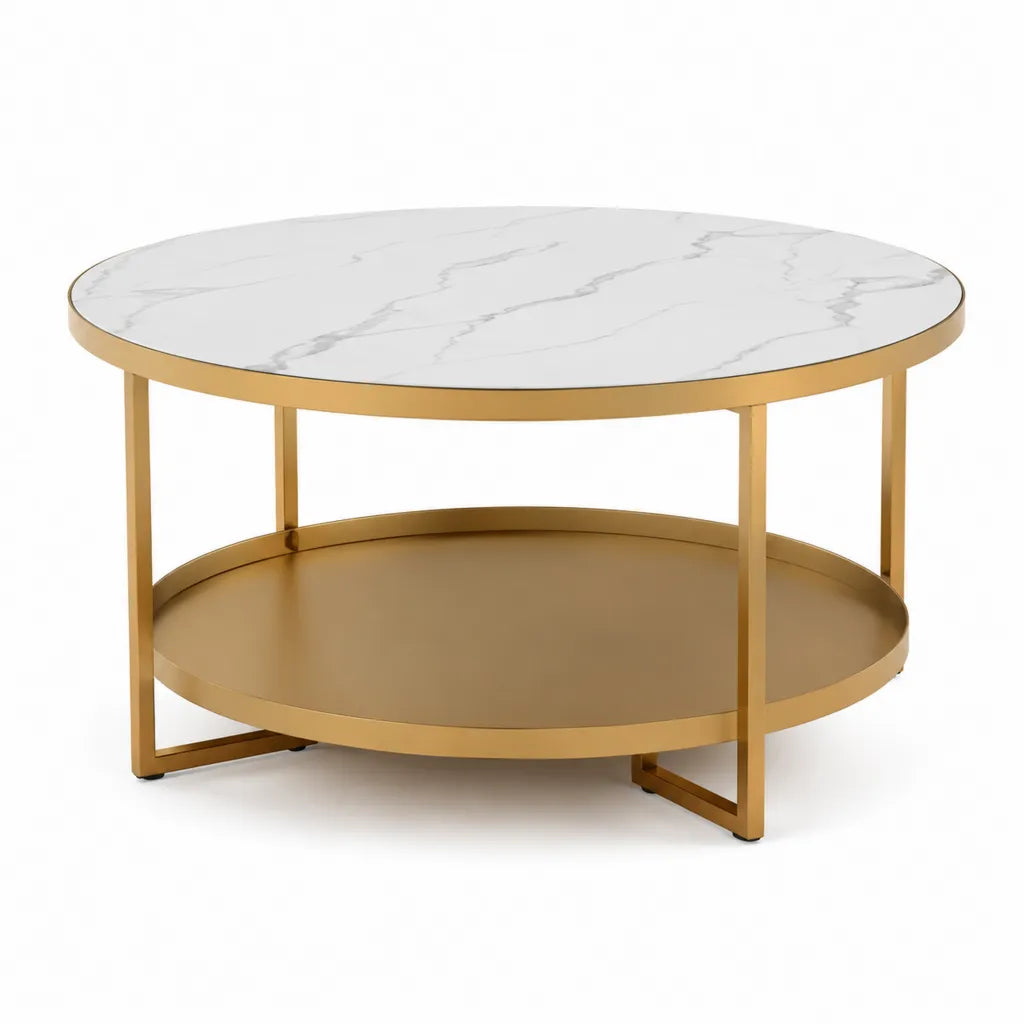 Runder Couchtisch 80 x 45 cm mit 2 Ebenen aus Sicherheitsglas und Stahl Weiss Gold